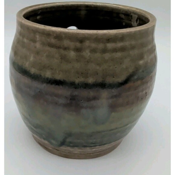 4" tall hand thrown clay pottery candle holder Green blue Brown glaze Signed - Picture 4 of 8